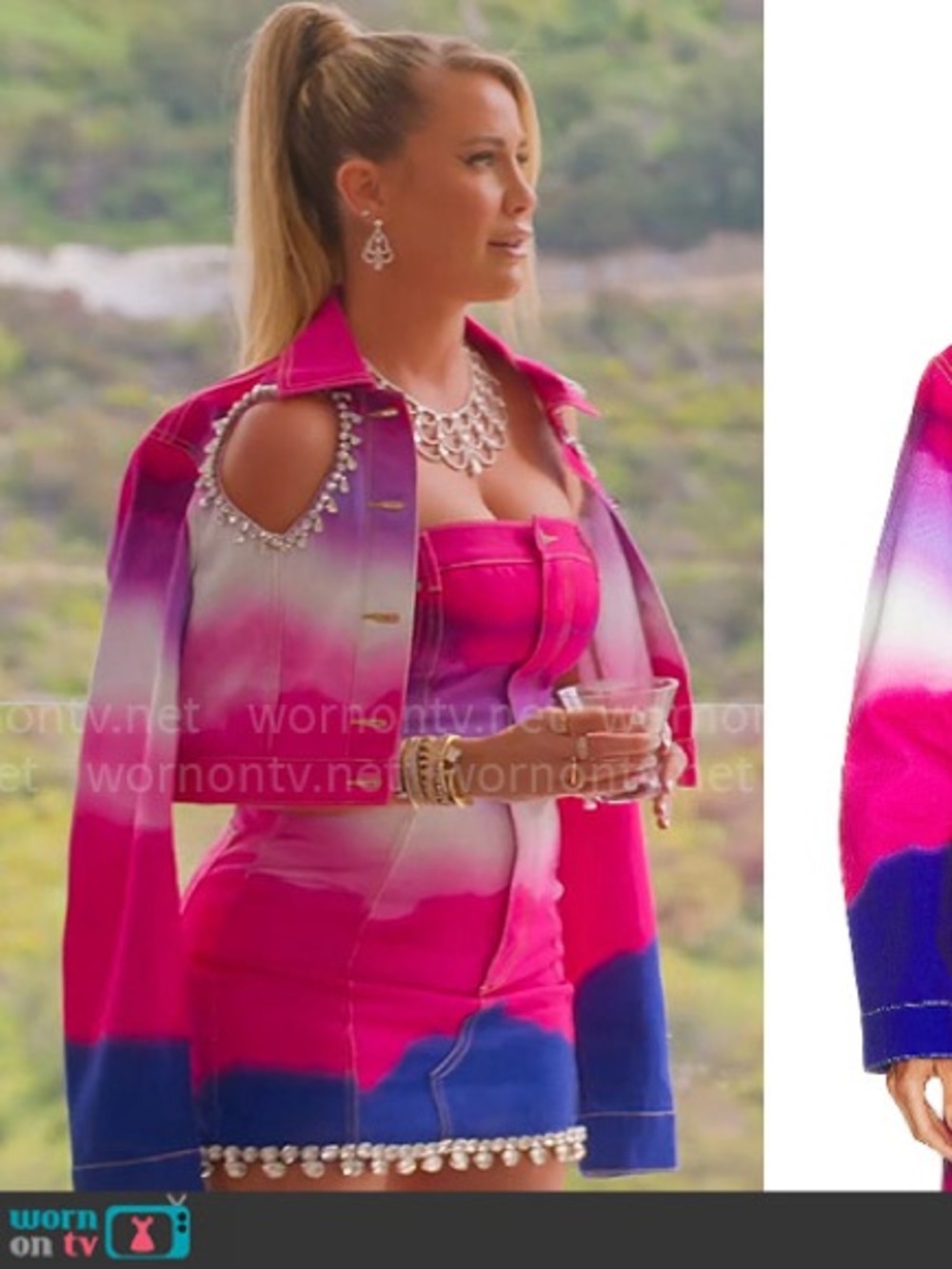 💖 AREA Crystal Heart Cutout Ombré Cropped Denim Jacket rhinestone festival lux